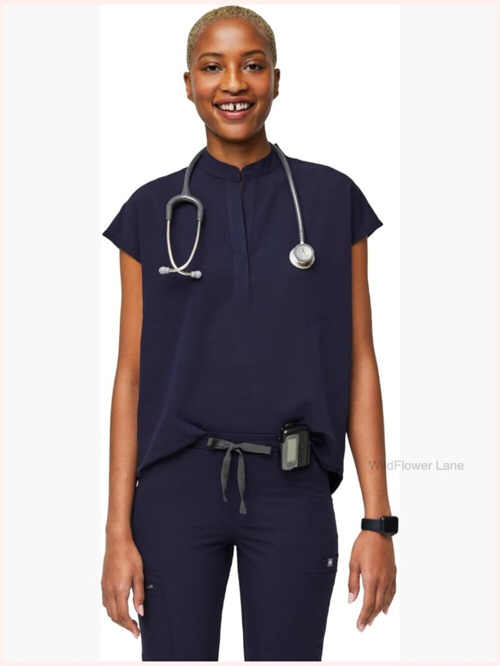 Oversized Scrub Top with Mandarin Collar, 3 Pockets, Stretch Fabric